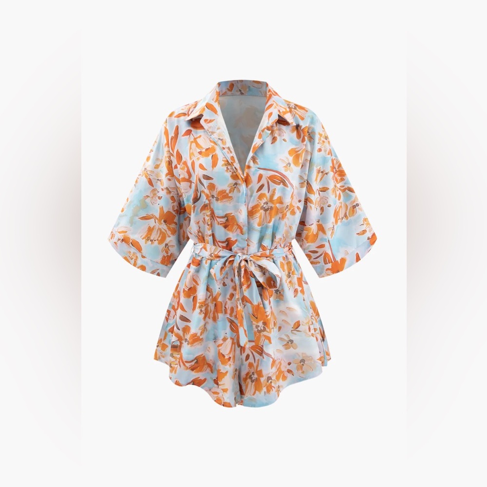 Floral Print Tie Waist Bell Sleeve Romper